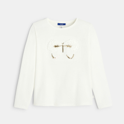 تي شيرت باللون الأبيض ومُزيَّن برسمة فراشة، بأكمام طويلة، للفتيات